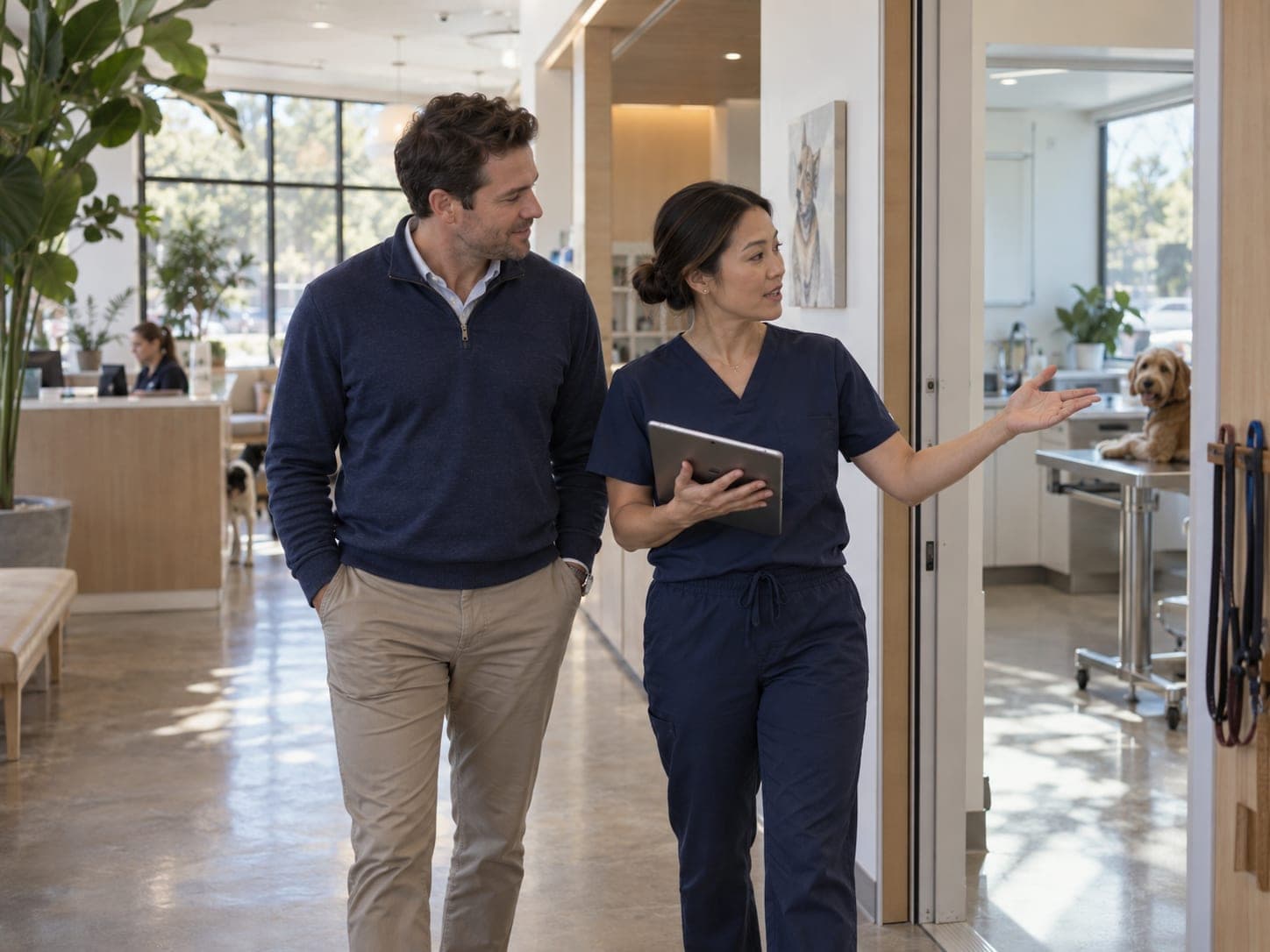 A veterinarian giving a prospective buyer a tour of her clinic