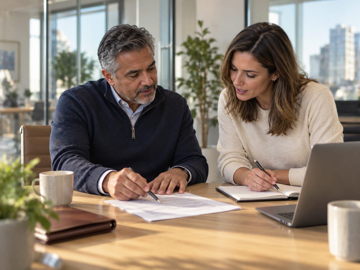 An advisor walking a buyer through a letter of intent while she takes notes