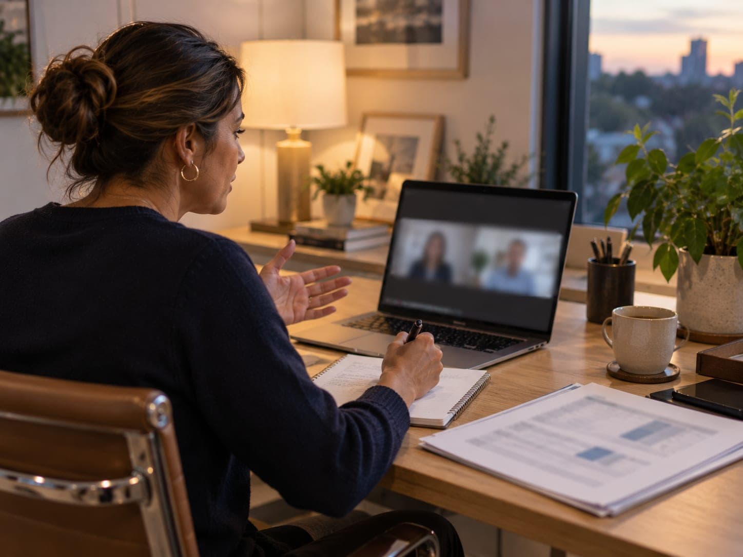 A buyer on a video call with our team at her desk, taking notes beside a printed financial statement
