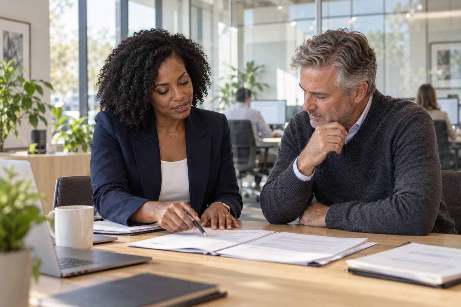An accounting firm owner walking a client through a report in her office