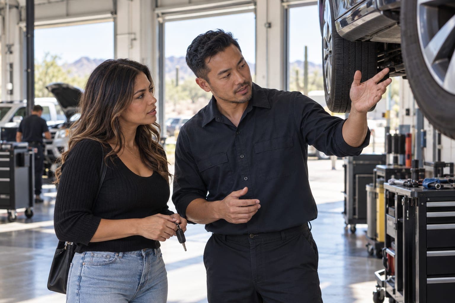 An auto repair shop owner explaining a repair to a customer beside a car on a lift
