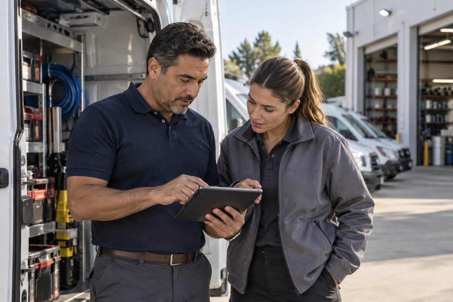 A plumbing company owner going over a job on a tablet with a technician beside the service vans