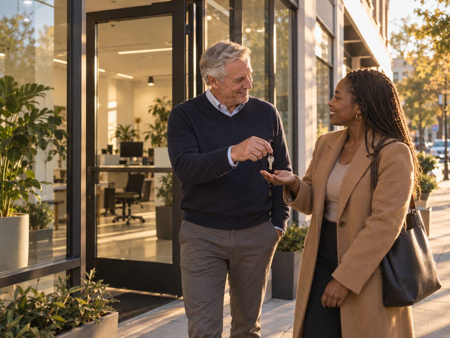 A retiring owner handing the keys to his business to its new owner