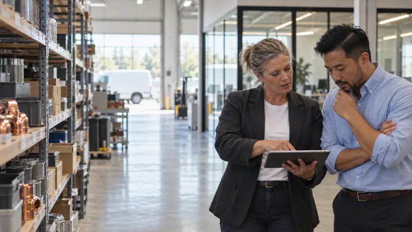 An owner walking a buyer through her company’s warehouse, showing him something on a tablet